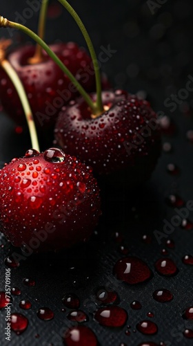 Water droplets on red ripe cherries, black dark color background