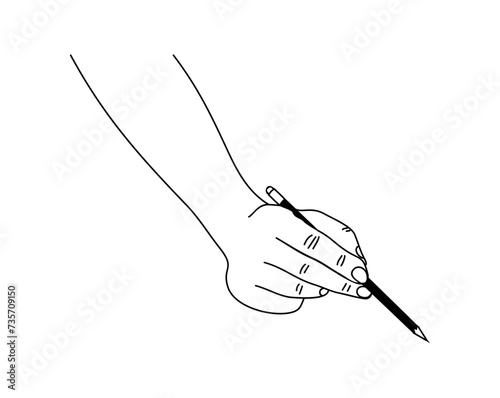 Hand holding pencil. Human arm with writing tool. Line art drawing , Black monochrome outline Vector illustration isolated on white background. Hand drawn icon.