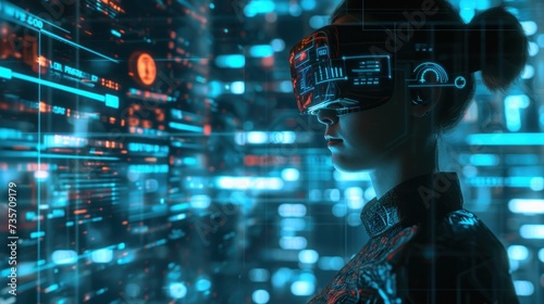 A side profile of a woman with a futuristic holographic visor reflecting data, symbolizing technological advancement and digital evolution.