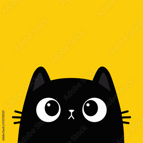 Cat head silhouette with big eyes. Cute cartoon character. Black peeking kitten face. Kawaii funny animal. Baby greeting card. Pet collection. Sticker print. Flat design. Yellow background.