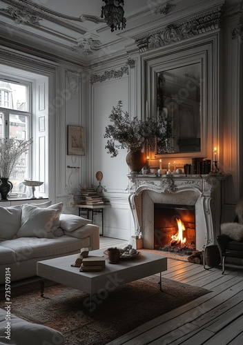 This image showcases a luxurious white living room, complete with a classic fireplace, modern furniture, and sophisticated decor, all bathed in natural sunlight.