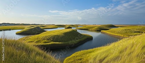 Tranquil and Serene Body of Water Reflecting the Azure Sky and Lush Surroundings photo