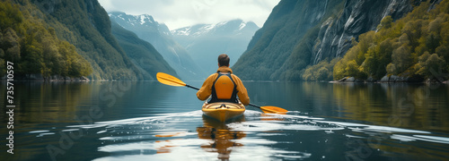 Man paddling in a kayak.Relax in nature photo