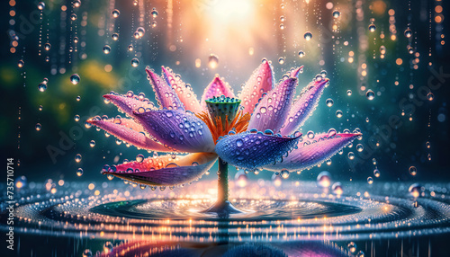 Joyful Lotus  Water droplets glisten on vibrant petals  showcasing water resistance.