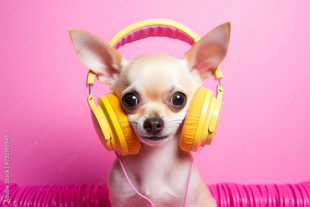 Funny and adorable dog wearing headphones, enjoying music with an entertaining expression