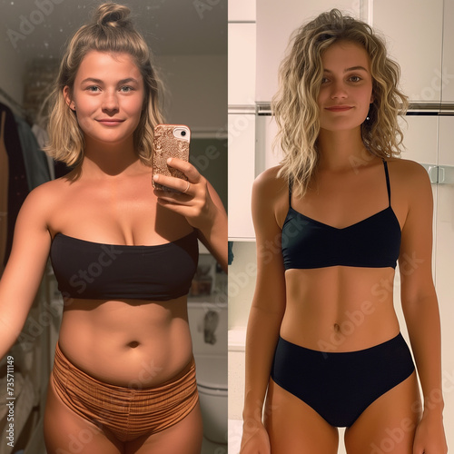 Avant / après, la métamorphose physique d'une femme en sous-vêtements, après une perte de poids et la reprise du sport. Physique, régime alimentaire, fitness, musculation, musculature photo