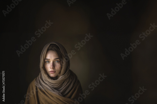 portrait de femme biblique avec la tête voilée humblement habillée sur un fond sombre avec espace négatif pour texte copyspace photo