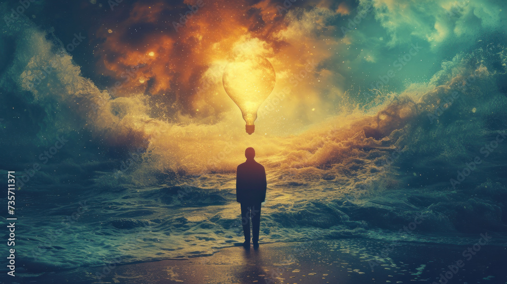 A lone figure contemplates a glowing light bulb against a backdrop of ...