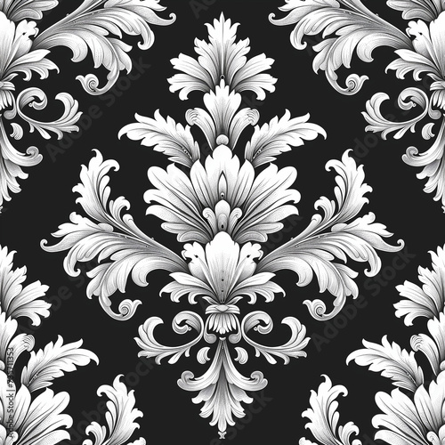 motif floral vectoriel : Art au trait noir sans couture motif de damas baroque noir et blanc avec ornement vintage, parfait pour le textile, le papier peint et le design de mode photo