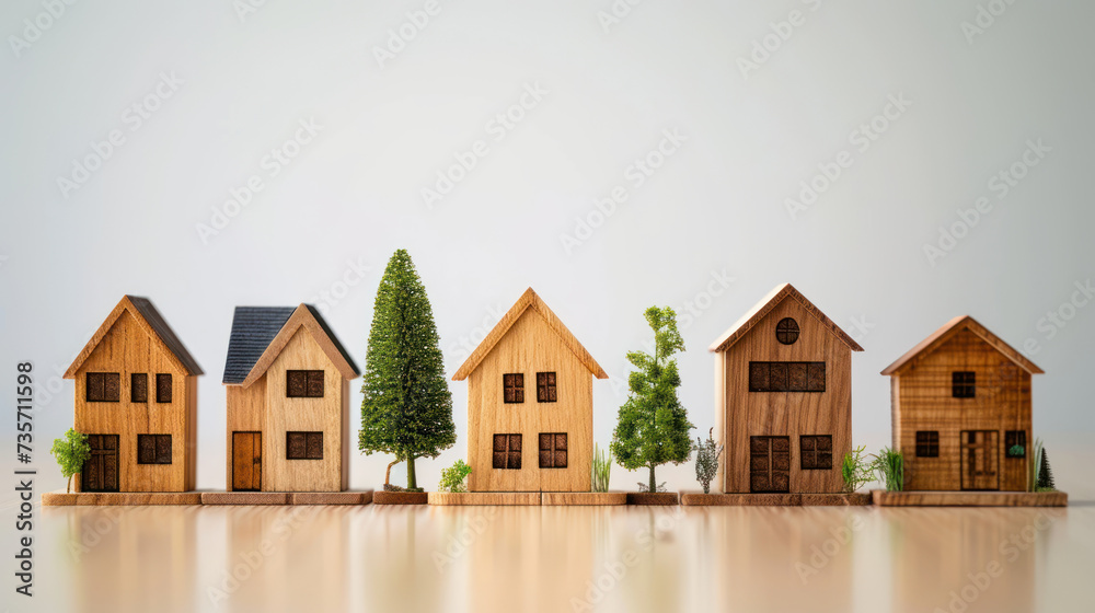Sustainable living, showcasing miniature wooden houses nestled among a variety of lush, green plants, symbolizing eco-friendliness and growth Sustainable living, showcasing miniature wooden houses nestled among a variety of lush, green plants, symbolizing eco-friendliness and growth