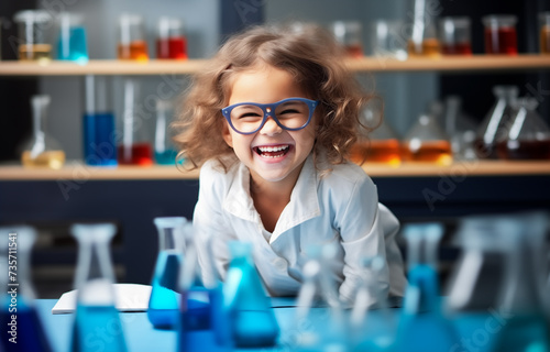 A young girl radiates excitement as she engages in a chemistry experiment. Joy of learning and discovery in chemistry experiment. Generative AI.