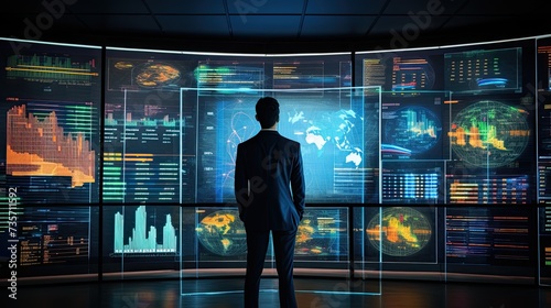 Businessman analyzing company financial balance sheet working with digital virtual graphics.