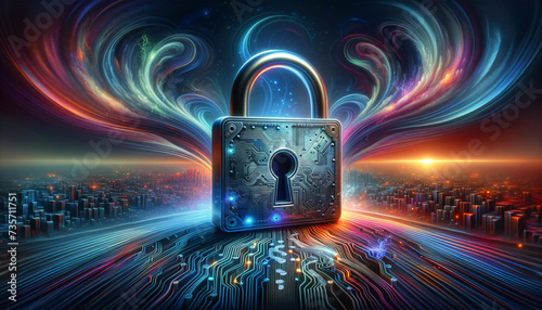 Cybersecurity risks: Surreal padlock with digital cracks and abstract psychic waves.