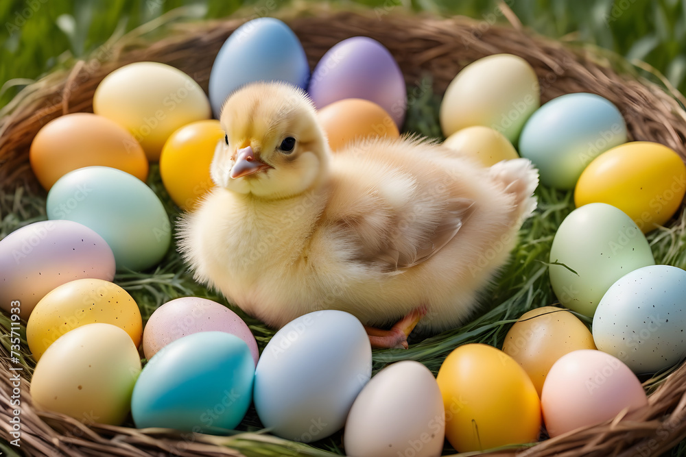 Easter, a chick sitting in a basket. Generative AI