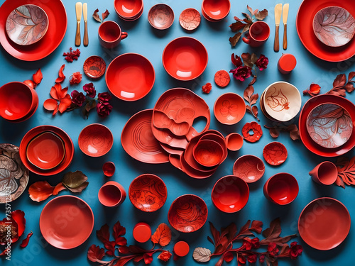 A top-view photo of a table adorned with an abundance of red plates and bowls design, showcasing a vibrant and creative colour design concept design.