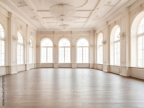 Big Empty room in light colours design, big windows, vintage style design. Empty banquet hall with a parquet floor design.