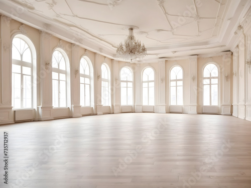 Big Empty room in light colours design, big windows, vintage style design. Empty banquet hall with a parquet floor design. © Mahmud