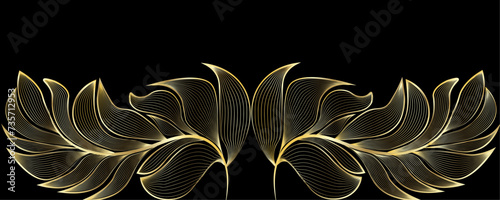 Golden Line art botany banner. Japanese style Hand drawn vector. Line art style design. Concept traditional Asian Card with space for text wedding, invitation, template card Golden frames.