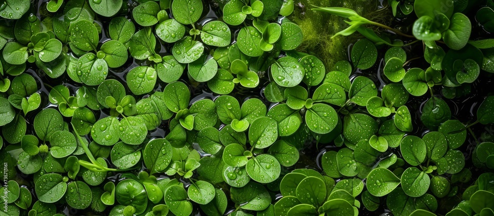 Serenity of nature: A beautiful cluster of water plants adorned with glistening water droplets Serenity of nature: A beautiful cluster of water plants adorned with glistening water droplets