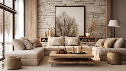 Beige corner sofa in room. Interior design of modern living room. © Xabrina