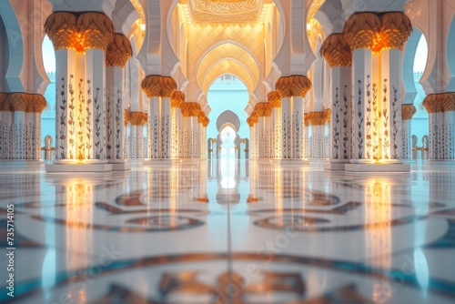 Tile floor, columns and illuminated interior of a mosque beautiful building. Religion celebration concept