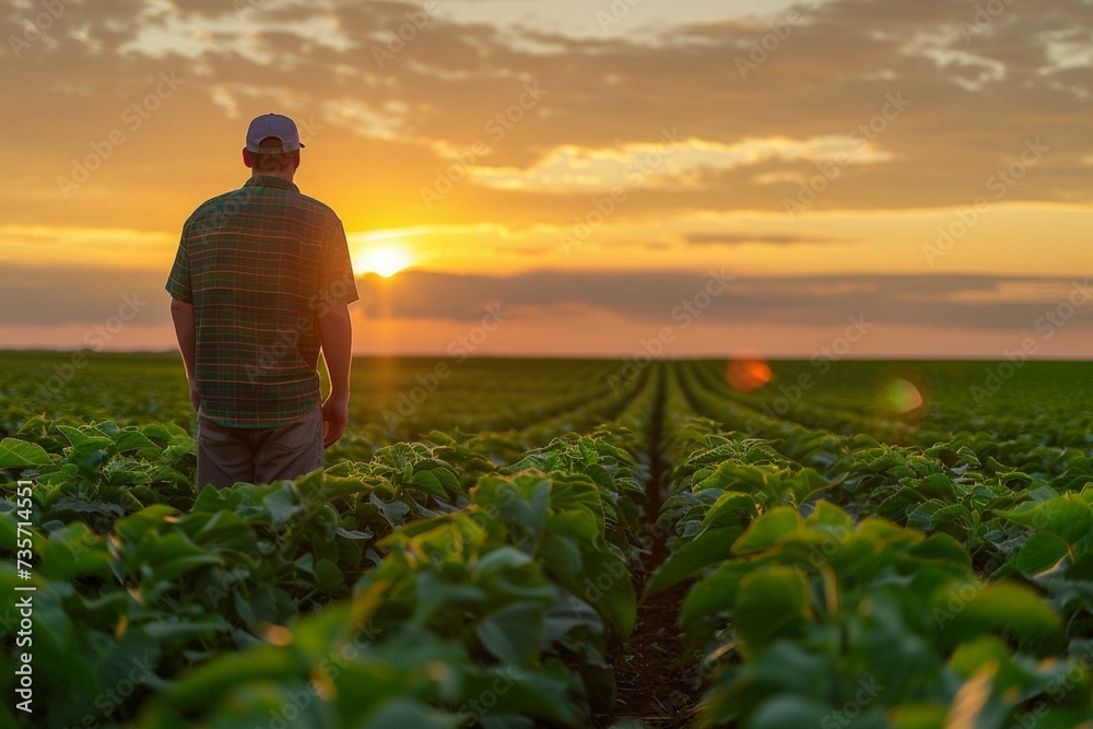 A farmer stands in a lush green soybean field, looking towards the horizon as the sun sets, symbolizing growth and agricultural sustainability.