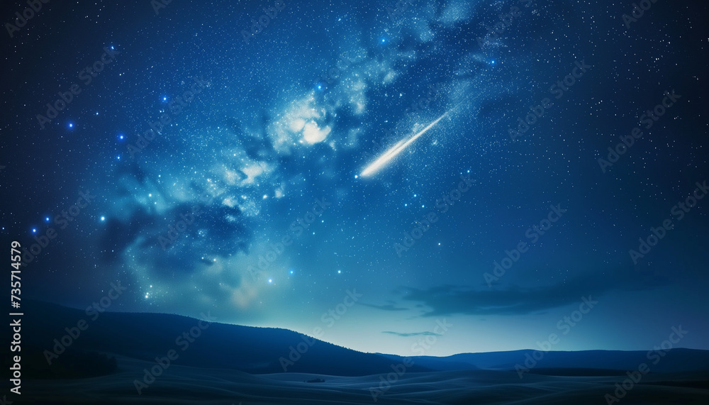 A luminous shooting star streaks across the Milky Way, illuminating the night sky above rolling hills