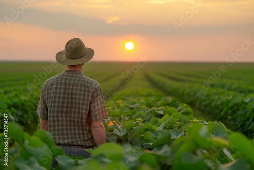 A farmer stands in a lush green soybean field  looking towards the horizon as the sun sets  symbolizing growth and agricultural sustainability.