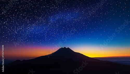 A star-studded night sky fades into the warm hues of sunset behind the silhouette of a majestic mountain peak