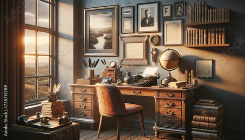 Vintage-inspired home office with antique wooden desk, typewriter, and serene landscape.