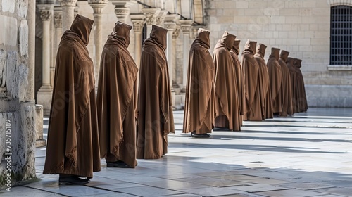 Cloistered monks standing in the courtyard of a convent, dressed in robes and hoods