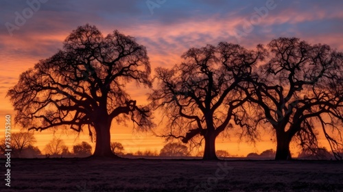 Silhouette of an oak tree at sunset