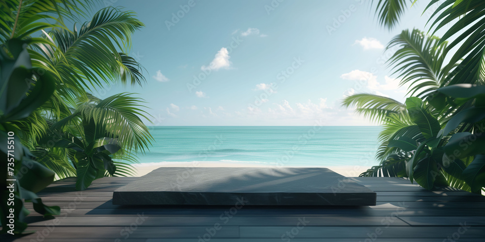 Empty black marble product display podium with sea and palm tree background. - obrazy, fototapety, plakaty 