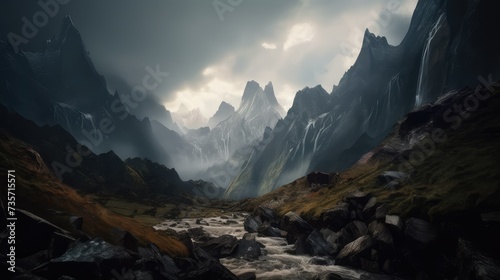 Stunning view of mountain range. Generative AI © Sapan