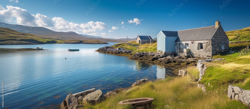 Tranquil living: a charming small house nestled on a picturesque island in the midst of a serene lake Tranquil living: a charming small house nestled on a picturesque island in the midst of a serene lake