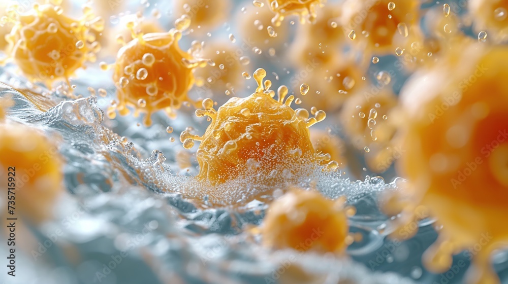 Magnified yellow virus in human body. 3D rendering Magnified yellow virus in human body. 3D rendering