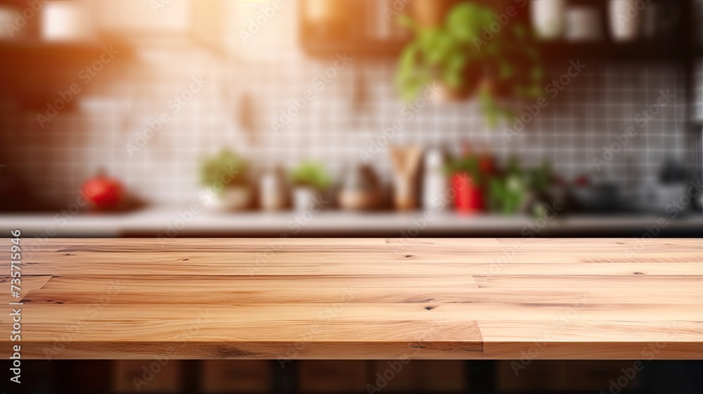 Empty wooden table and blurred kitchen background.