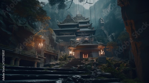 Old Japanese house in the cave. Generative AI