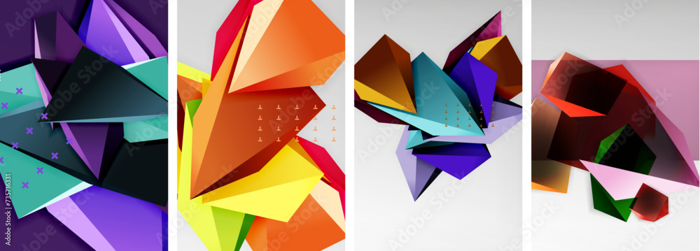 Trendy low poly 3d triangle shapes and other geometric elements background designs for wallpaper, business card, cover, poster, banner, brochure, header, website
