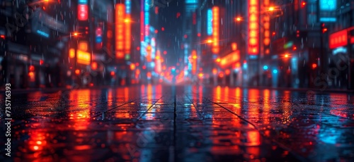 Rain-soaked city street at night, reflecting neon signs