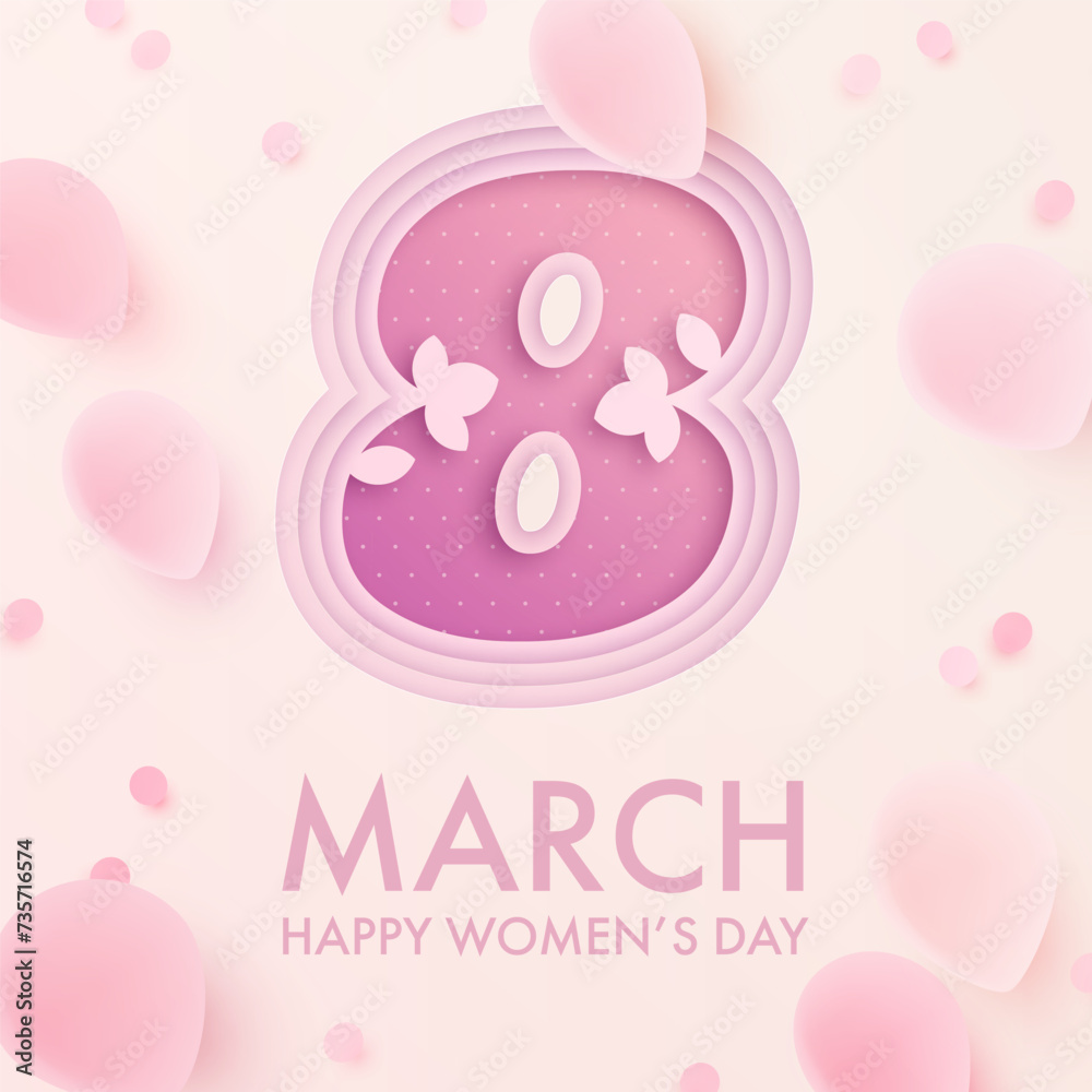 Paper style international women's day square banner or greeting card design template with realistic pink petals. Festive elegant background. Vector illustration