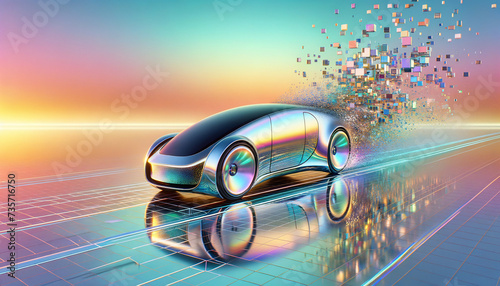 Futuristic autonomous electric car with Y2K aesthetics and serene chromatics.