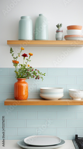A minimalist kitchen with open shelves, a pastel blue subway tile backsplash, and a touch of bright orange in the accessories.