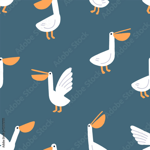 Seamless pelicans pattern. Cute funny tropical birds, repeating print. Endles...