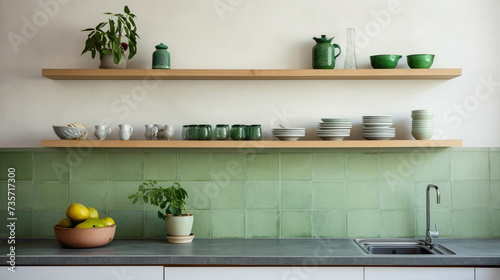 A minimalist kitchen with open shelves, concrete countertops, and a vibrant green tiled backsplash. © Danish