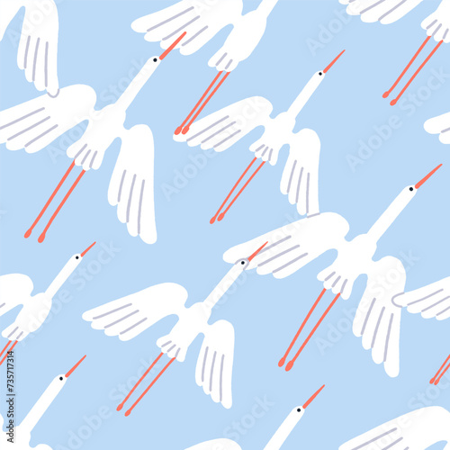 Flying birds flock, seamless pattern design. Herons, cranes in sky, endless n...