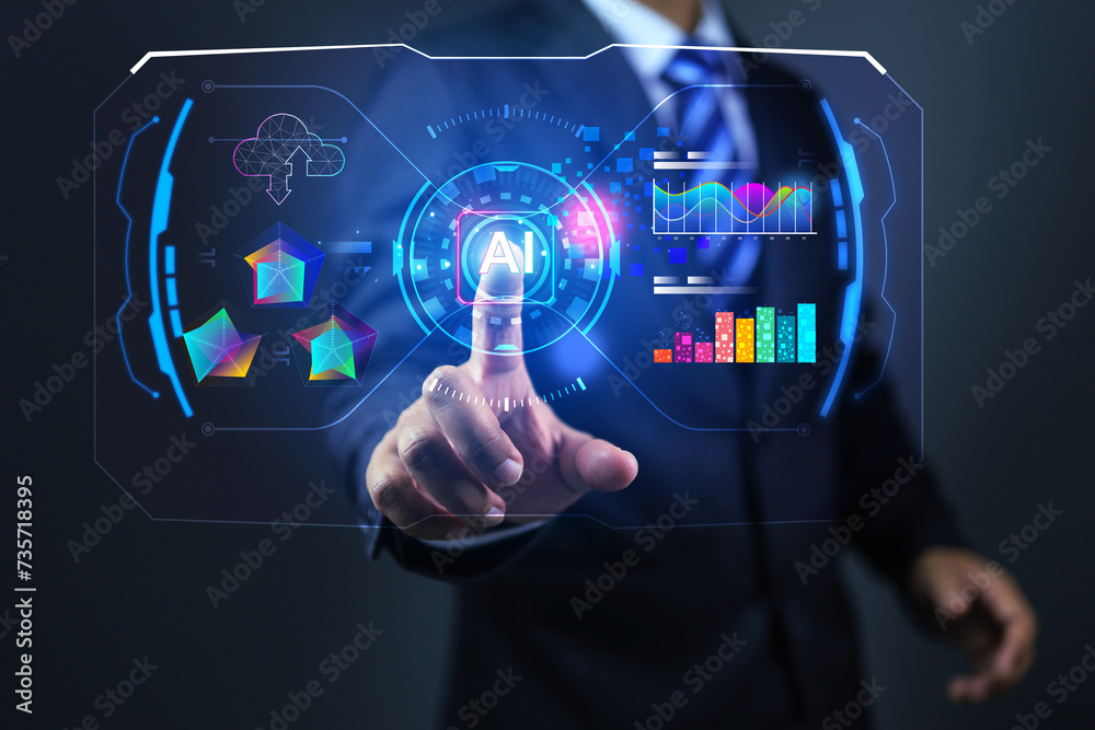 Businessman touch on virtual dash board ai interface screen to command for data summary from cloud computing big data and generative from artificial intelligence Businessman touch on virtual dash board ai interface screen to command for data summary from cloud computing big data and generative from artificial intelligence