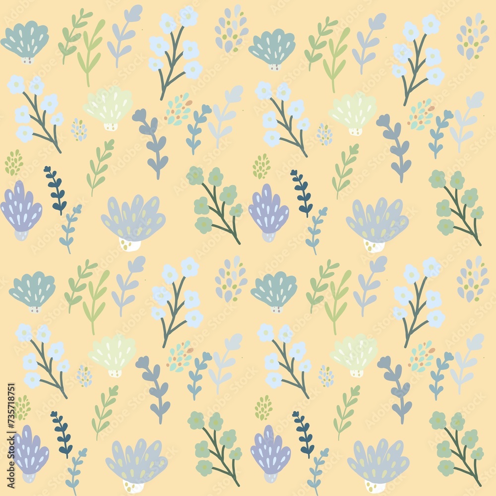 Fototapeta premium Seamless pattern with floral rainbows and hand drawn flowers. Creative blooming texture. Great for fabric, textile Vector Illustration