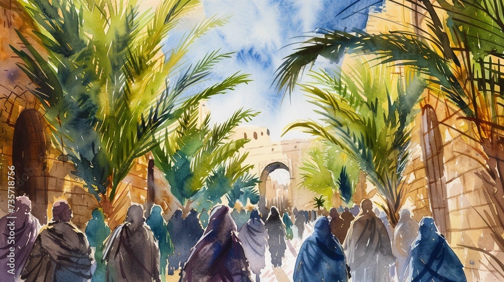 Jesus entering in Jerusalem. Palm Sunday. New Testament. Watercolor Biblical Illustration - obrazy, fototapety, plakaty 
