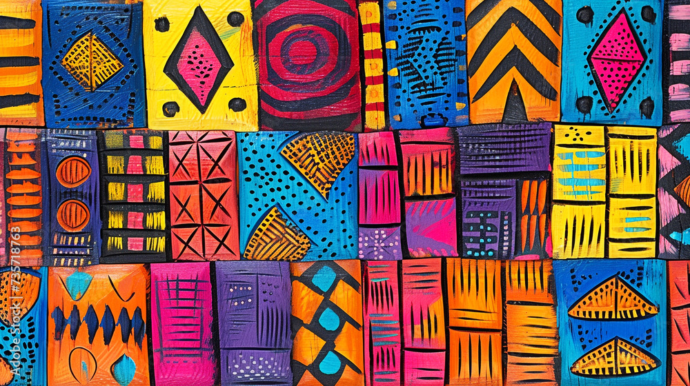 colorful wood carved background, African folklore pattern, hand painted. Generative Ai. - obrazy, fototapety, plakaty 